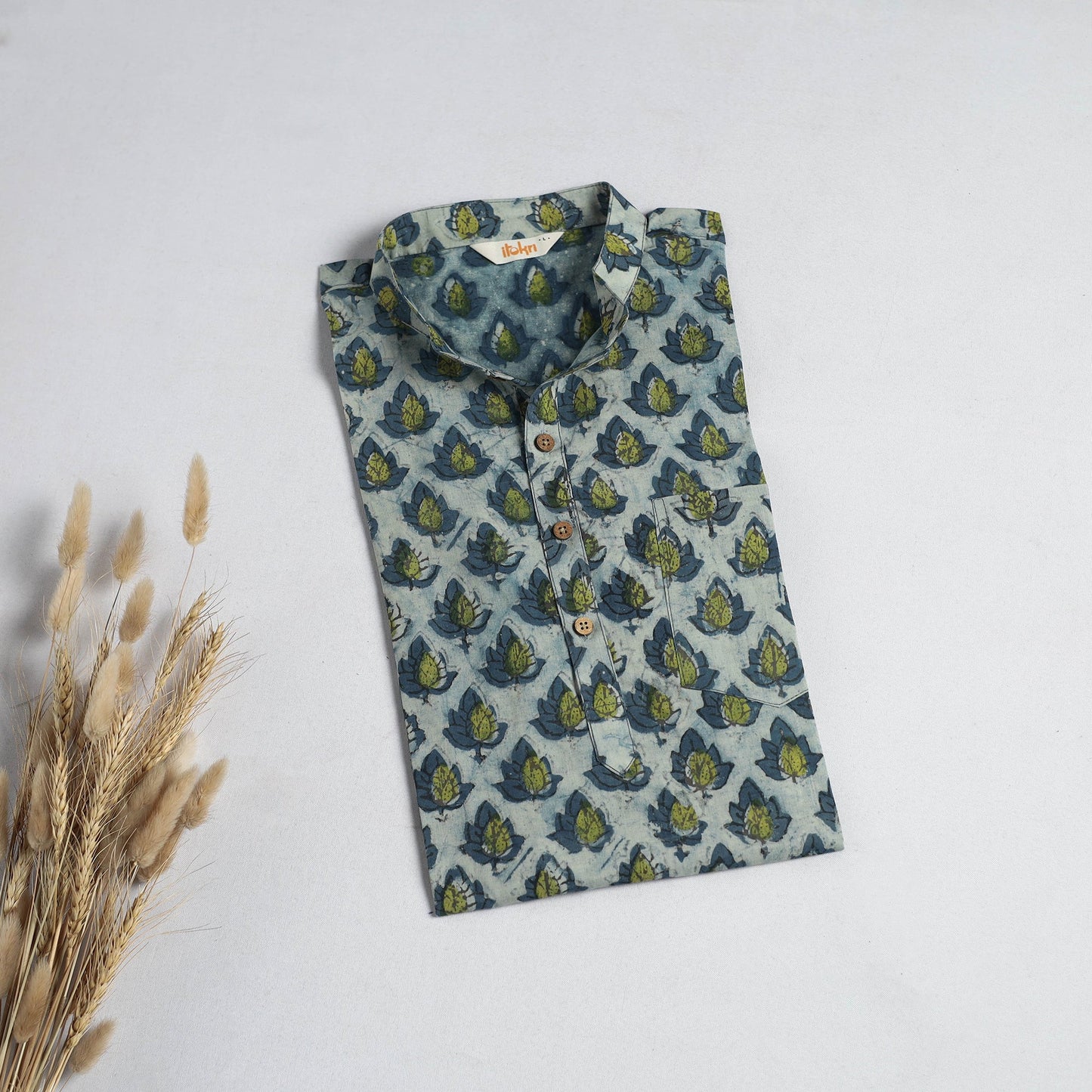 Hand block print natural dyed cotton short bagru kurta