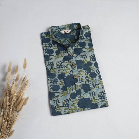 Hand block print natural dyed cotton short bagru kurta