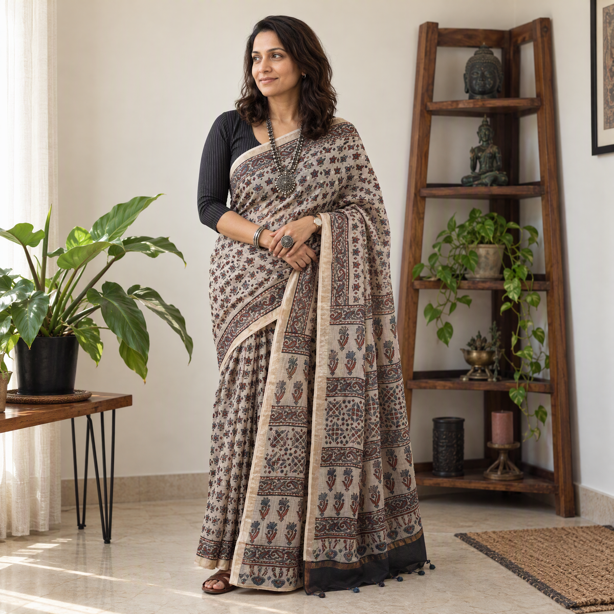 Beige Ajrakh hand block print natural dyed Kota Doria cotton saree, draped and worn by a woman, AI visual of the saree, iTokri