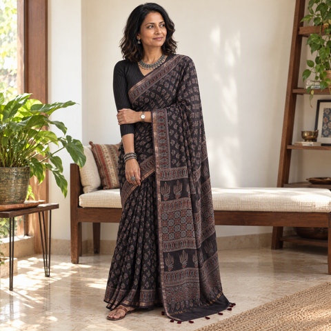 Black Ajrakh hand block print natural dyed Kota Doria cotton saree, draped and worn by a woman, AI visual of the saree, iTokri