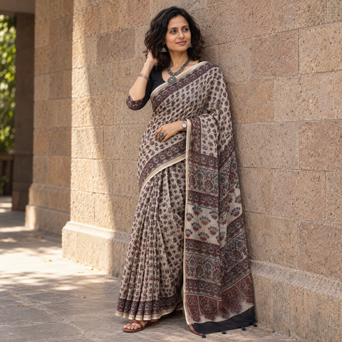 Beige Ajrakh hand block print natural dyed Kota Doria cotton saree, draped and worn by a woman, AI visual of the saree, iTokri