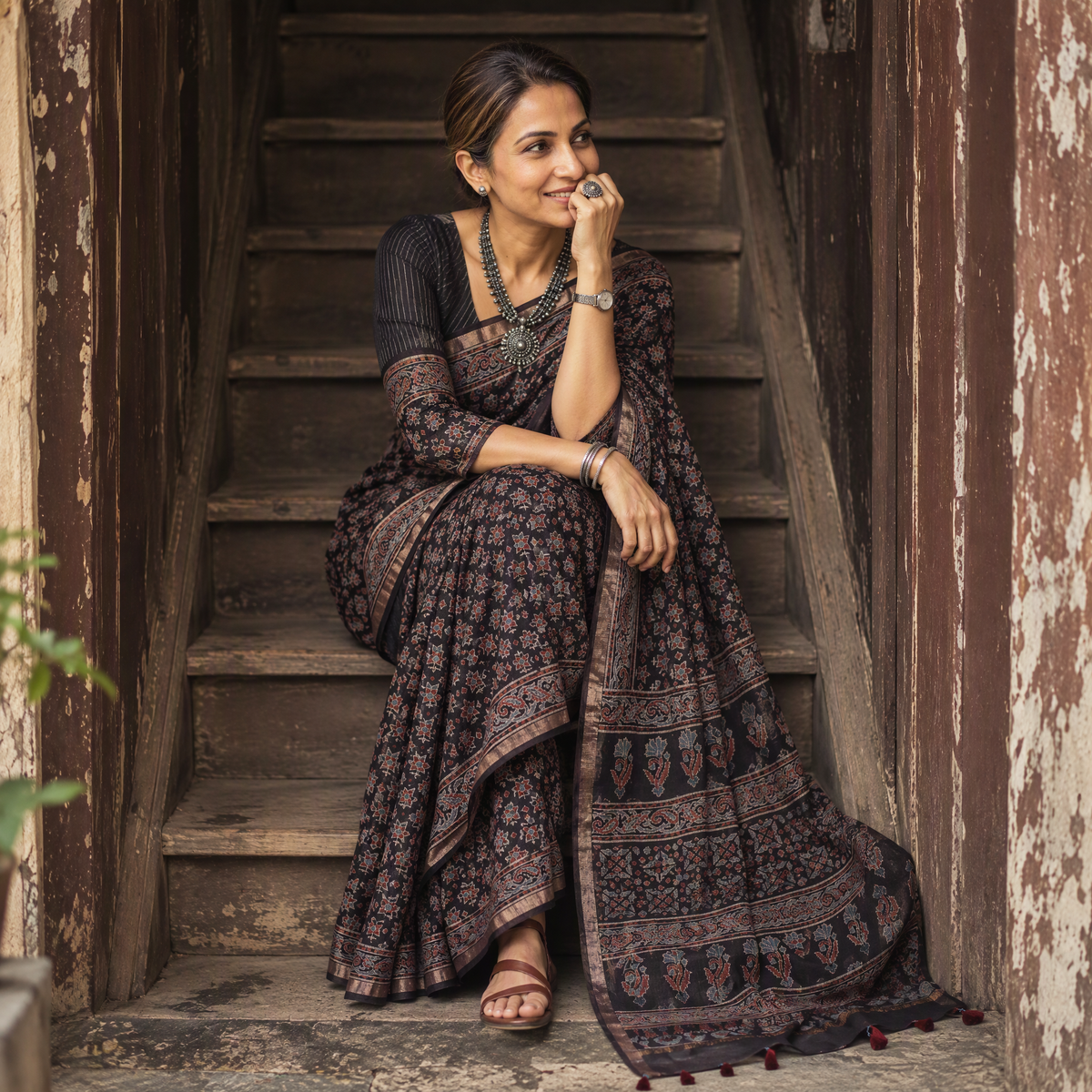 Black Ajrakh hand block print natural dyed Kota Doria cotton saree, draped and worn by a woman, AI visual of the saree, iTokri