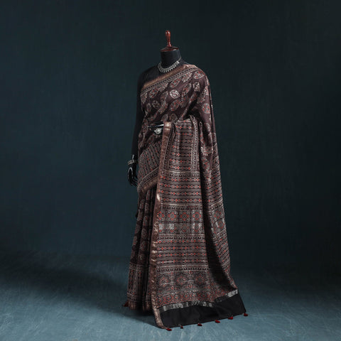 Hand block print natural dyed maheshwari silk ajrakh saree