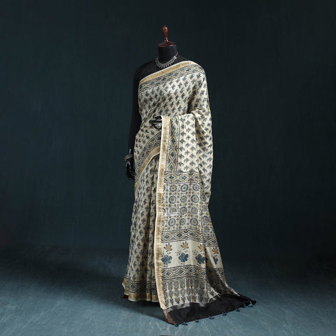 Hand block print natural dyed maheshwari silk ajrakh saree