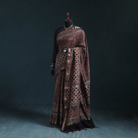 Hand block print natural dyed maheshwari silk ajrakh saree