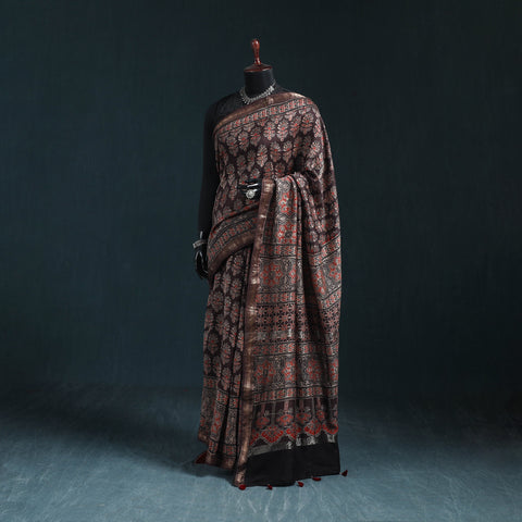 Hand block print natural dyed maheshwari silk ajrakh saree