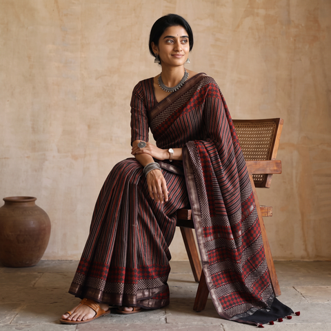 Brown Hand Block Print Natural Dyed Maheshwari Silk Ajrakh Saree, draped and worn by a woman, AI visual of the saree, iTokri