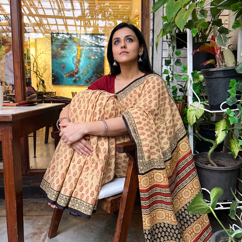 Beige Hand Block Print Pure Mul Cotton Jaipur Saree, draped and worn by a woman, AI visual of the saree, iTokri