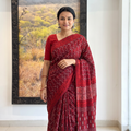 Red Hand Block Print Pure Mul Cotton Jaipur Saree, draped and worn by a woman, AI visual of the saree, iTokri