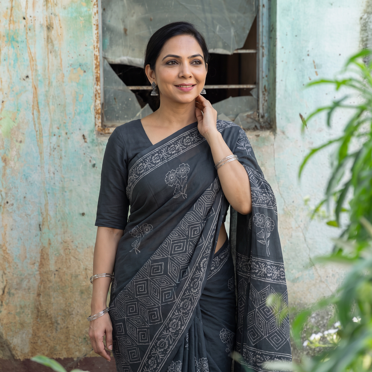 Grey Hand Block Print Pure Mul Cotton Jaipur Saree, draped and worn by a woman, AI visual of the saree, iTokri
