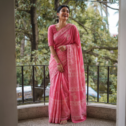 Pink Hand Block Print Pure Mul Cotton Jaipur Saree, draped and worn by a woman, AI visual of the saree, iTokri