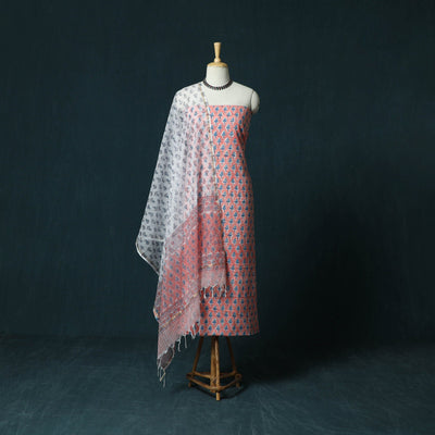 Hand block print sanganeri cotton 3pc unstitched dress