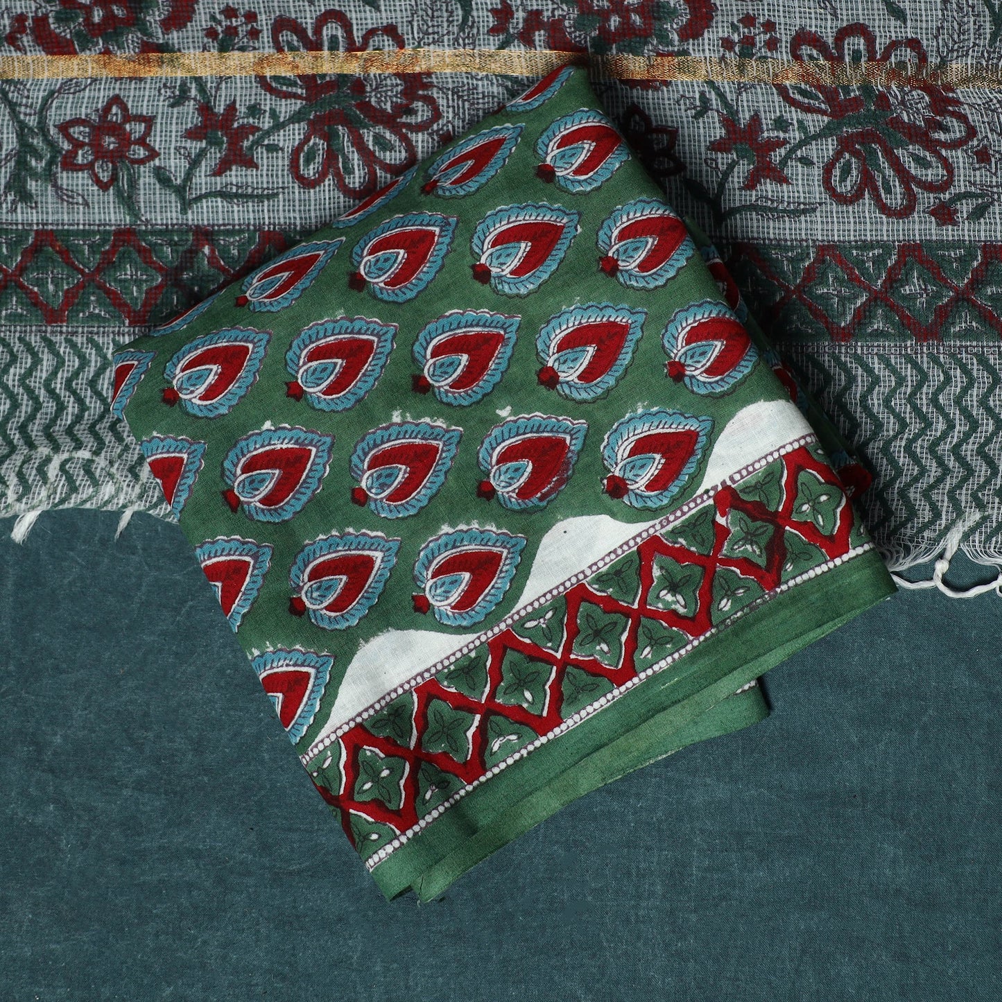 Hand block print sanganeri cotton 3pc unstitched dress