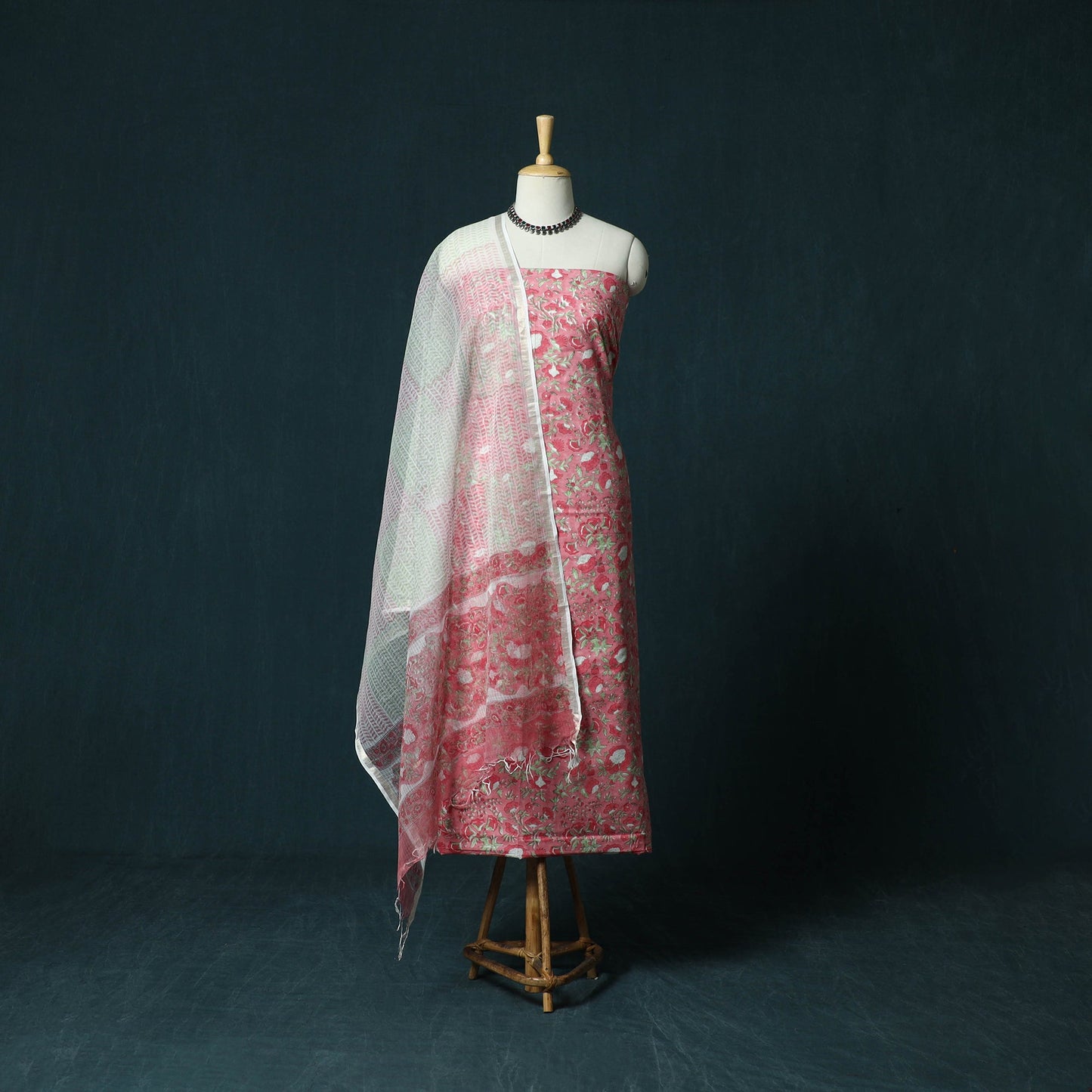 Hand block print sanganeri cotton 3pc unstitched dress