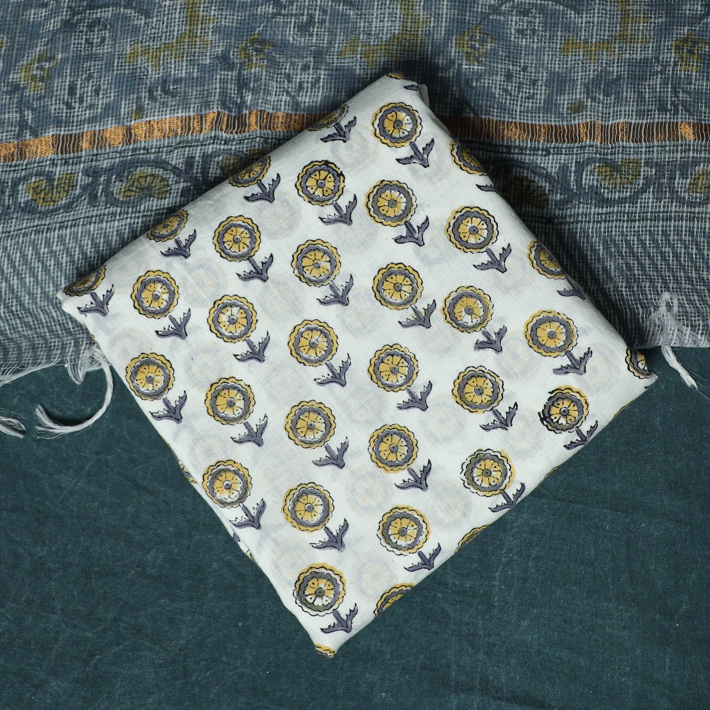 Hand block print sanganeri cotton 3pc unstitched dress