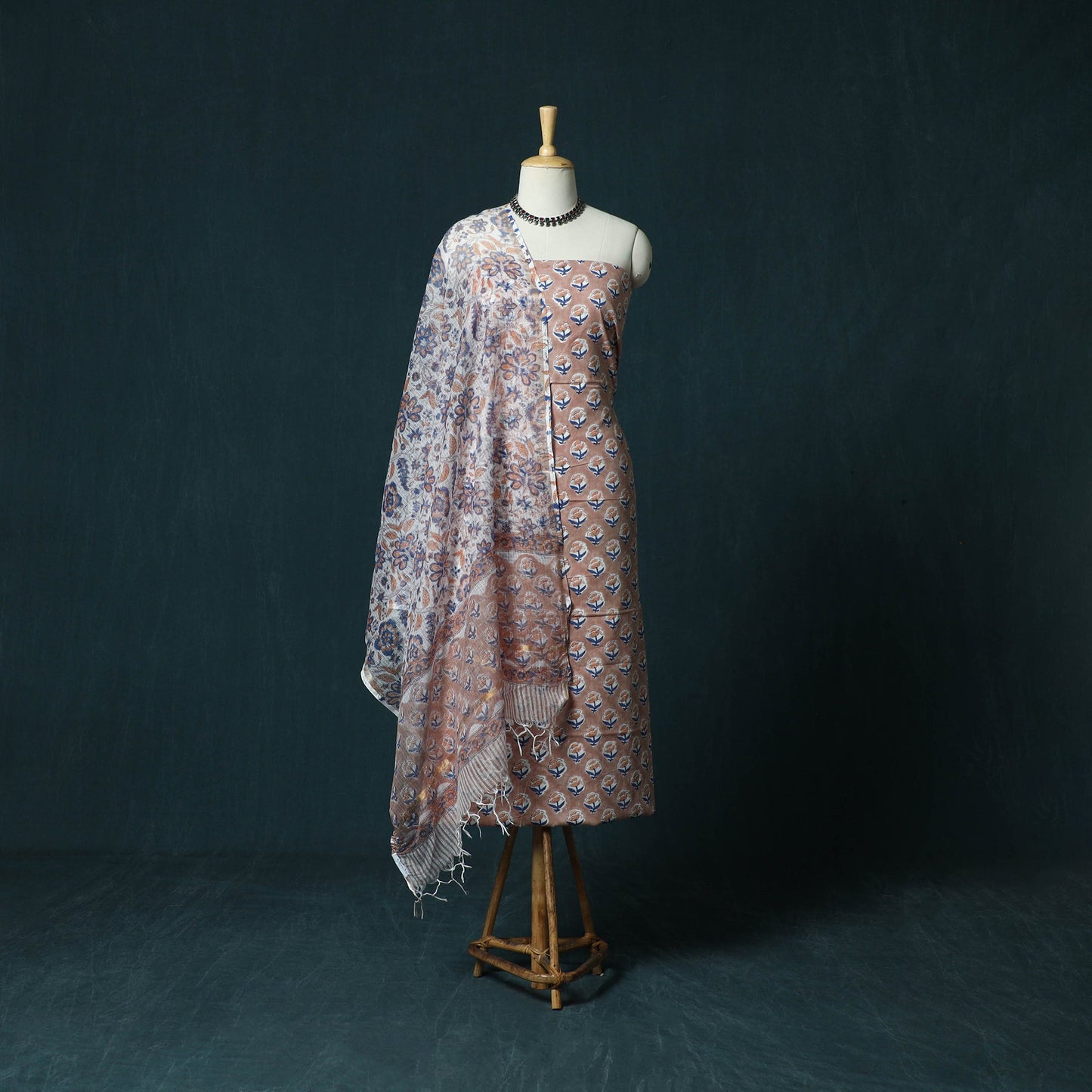 Hand block print sanganeri cotton 3pc unstitched dress