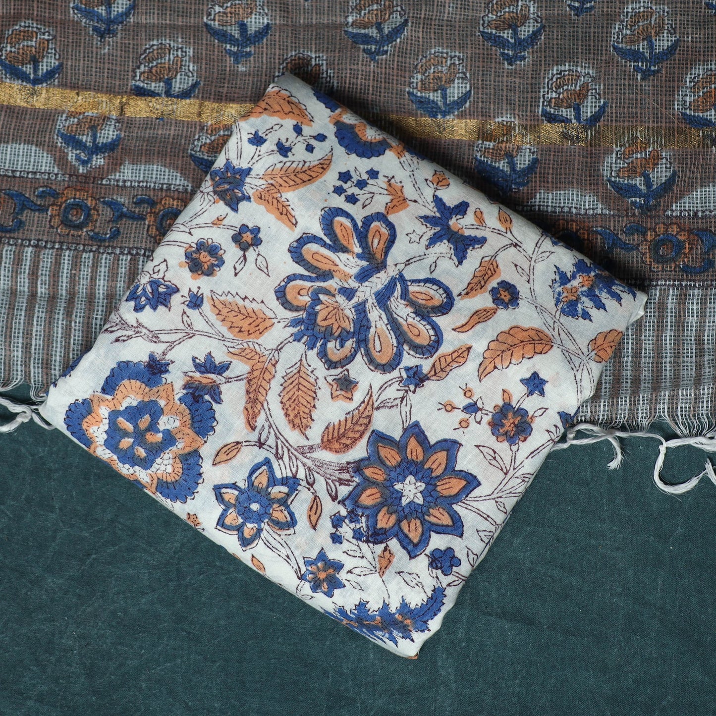 Hand block print sanganeri cotton 3pc unstitched dress