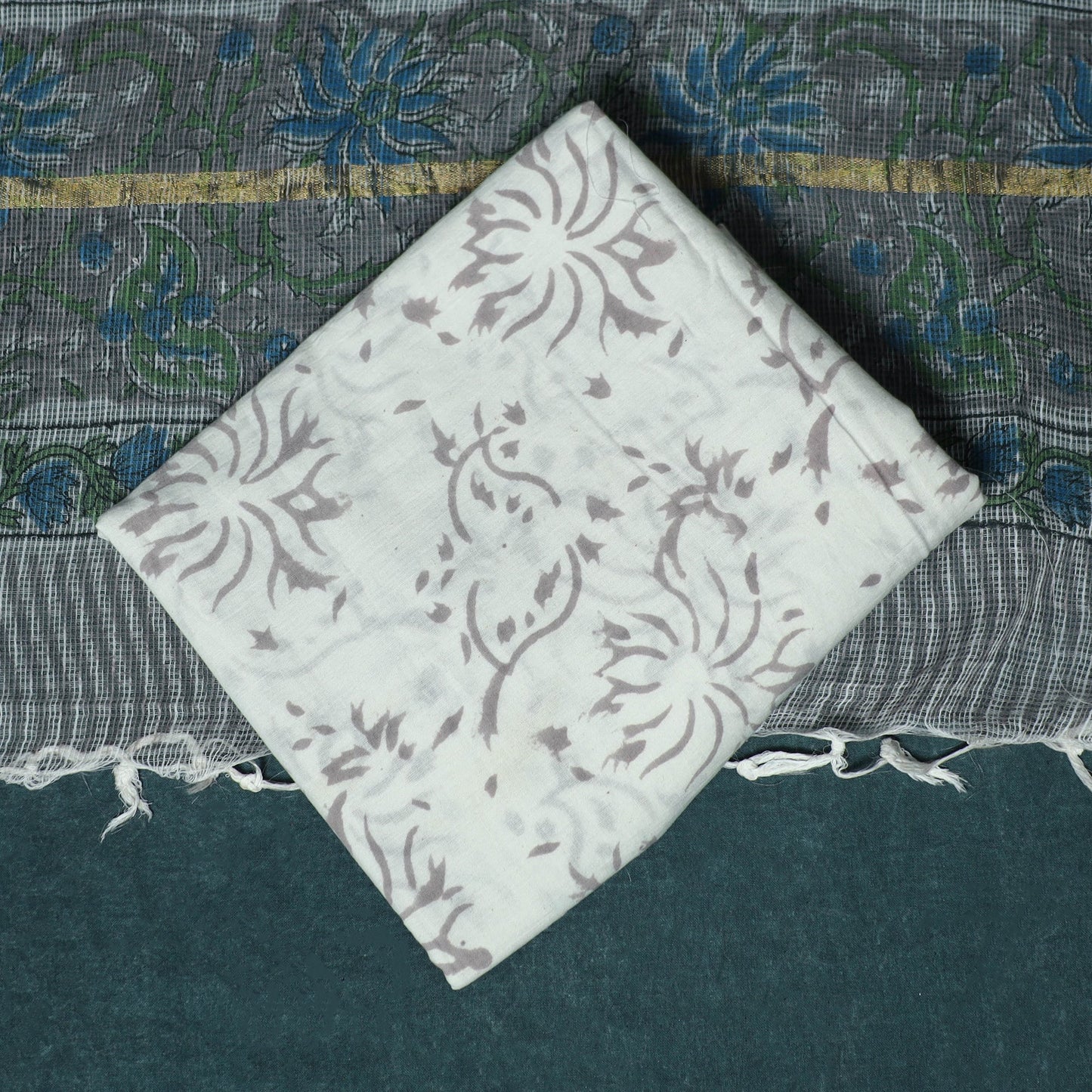 Hand block print sanganeri cotton 3pc unstitched dress