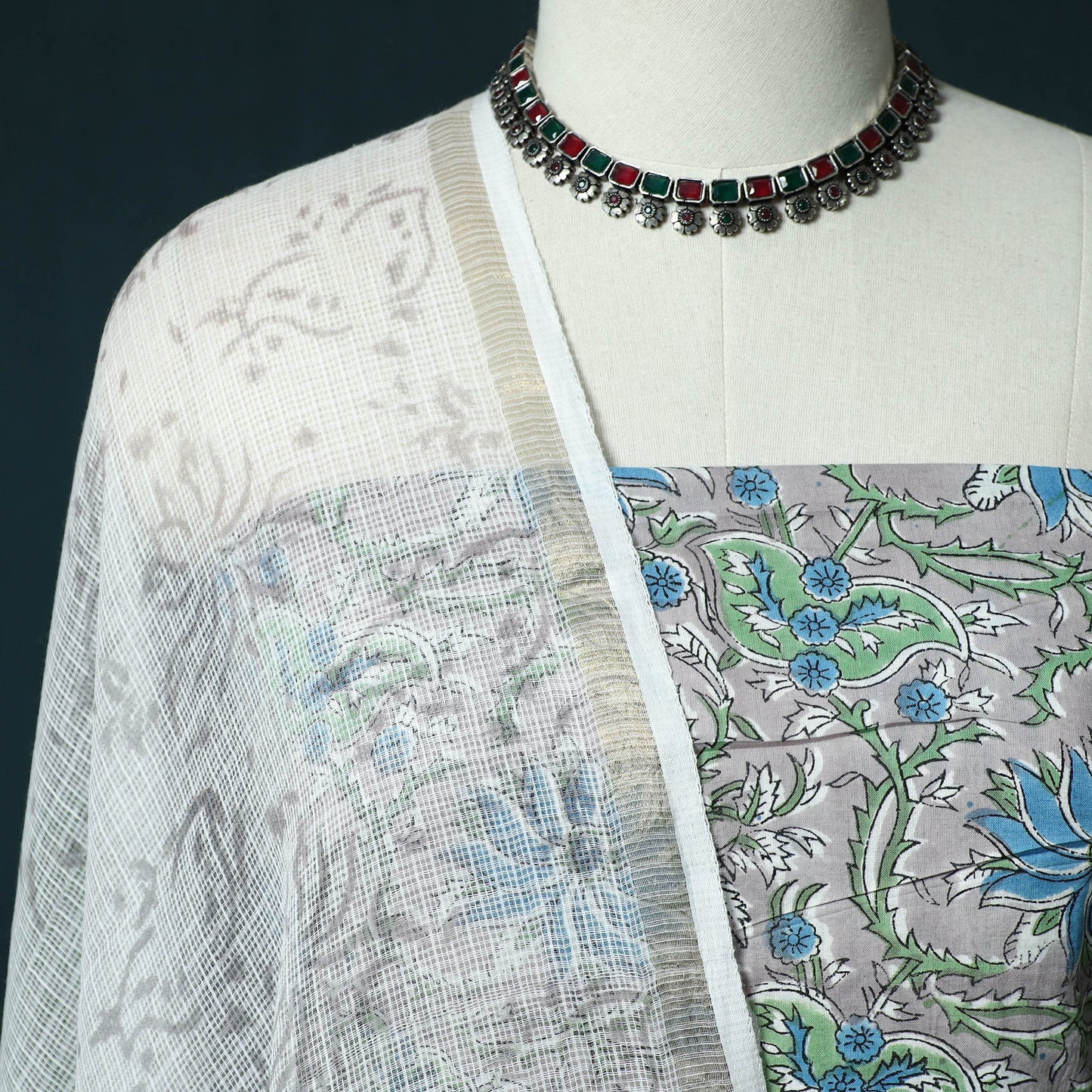 Hand block print sanganeri cotton 3pc unstitched dress