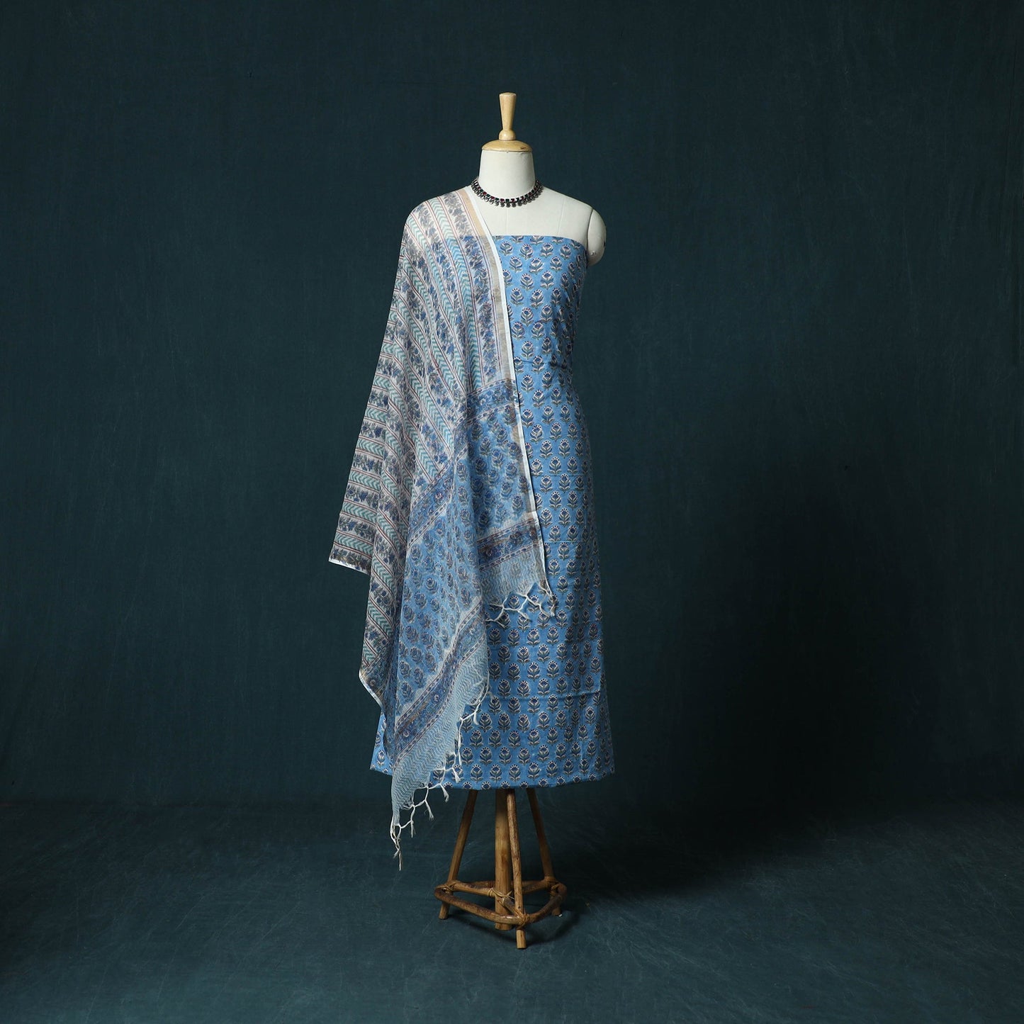 Hand block print sanganeri cotton 3pc unstitched dress