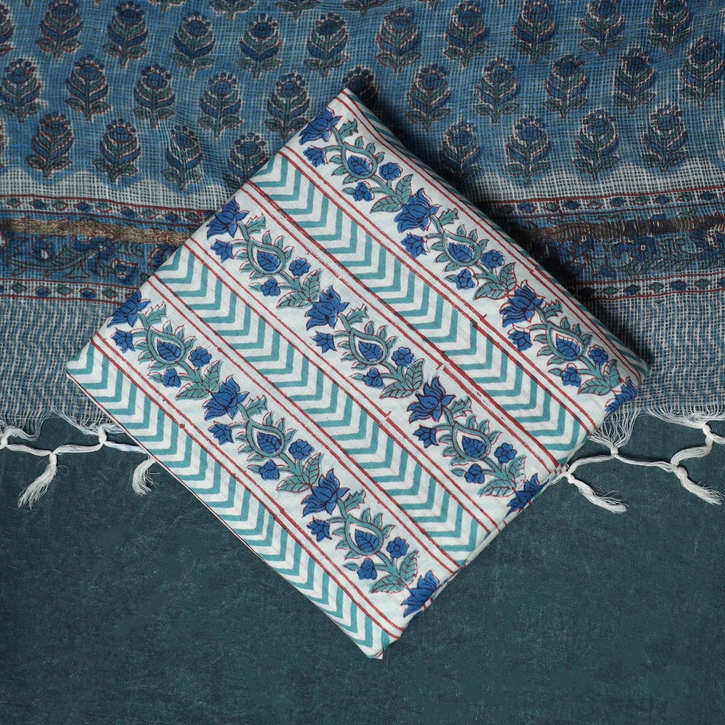 Hand block print sanganeri cotton 3pc unstitched dress