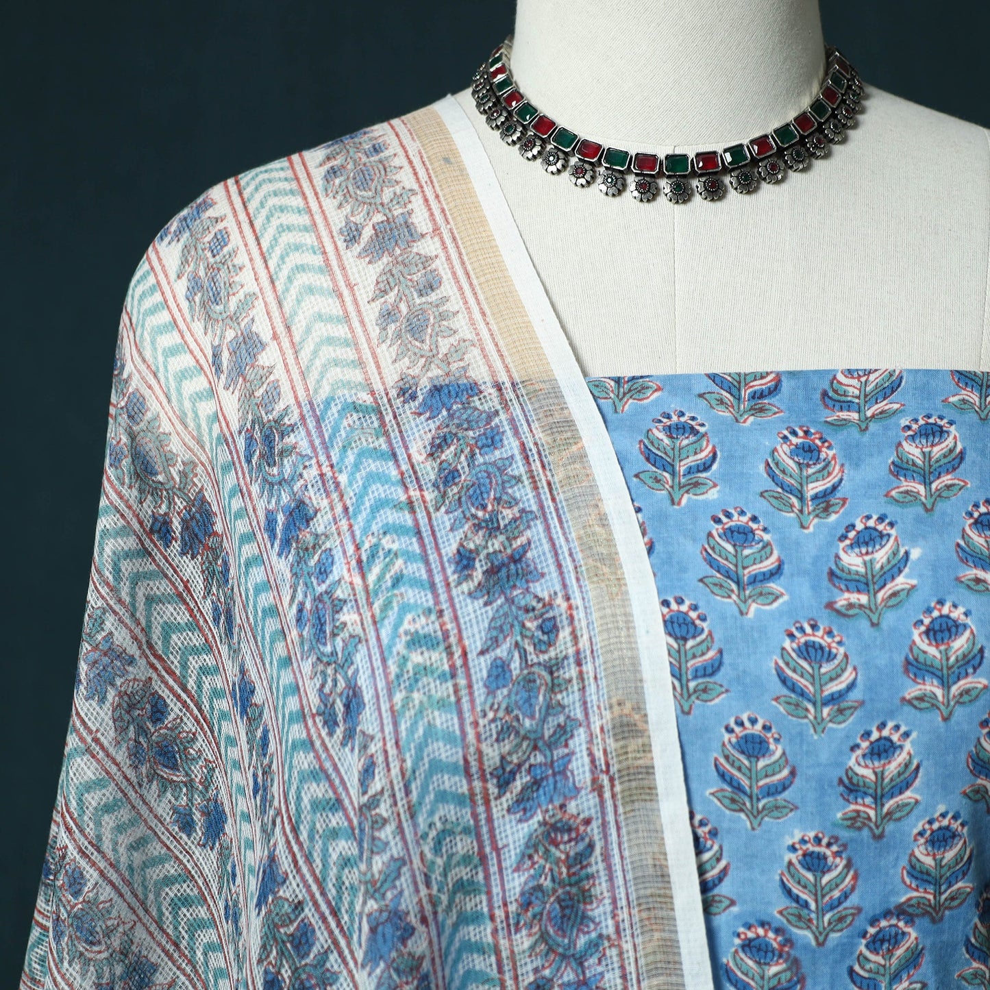 Hand block print sanganeri cotton 3pc unstitched dress