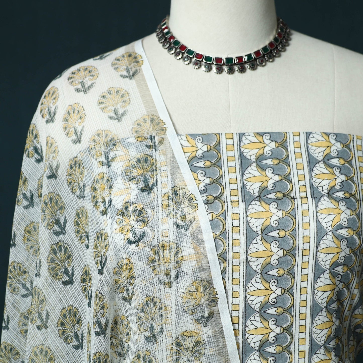 Hand block print sanganeri cotton 3pc unstitched dress