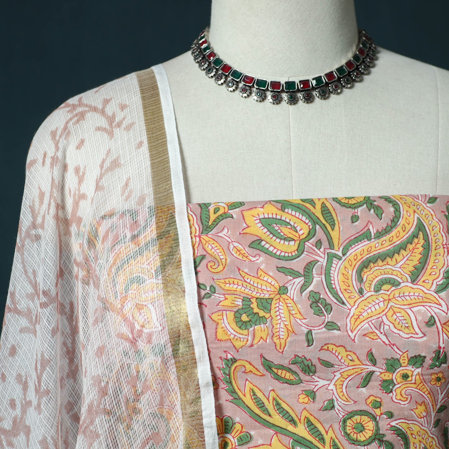 Hand block print sanganeri cotton 3pc unstitched dress