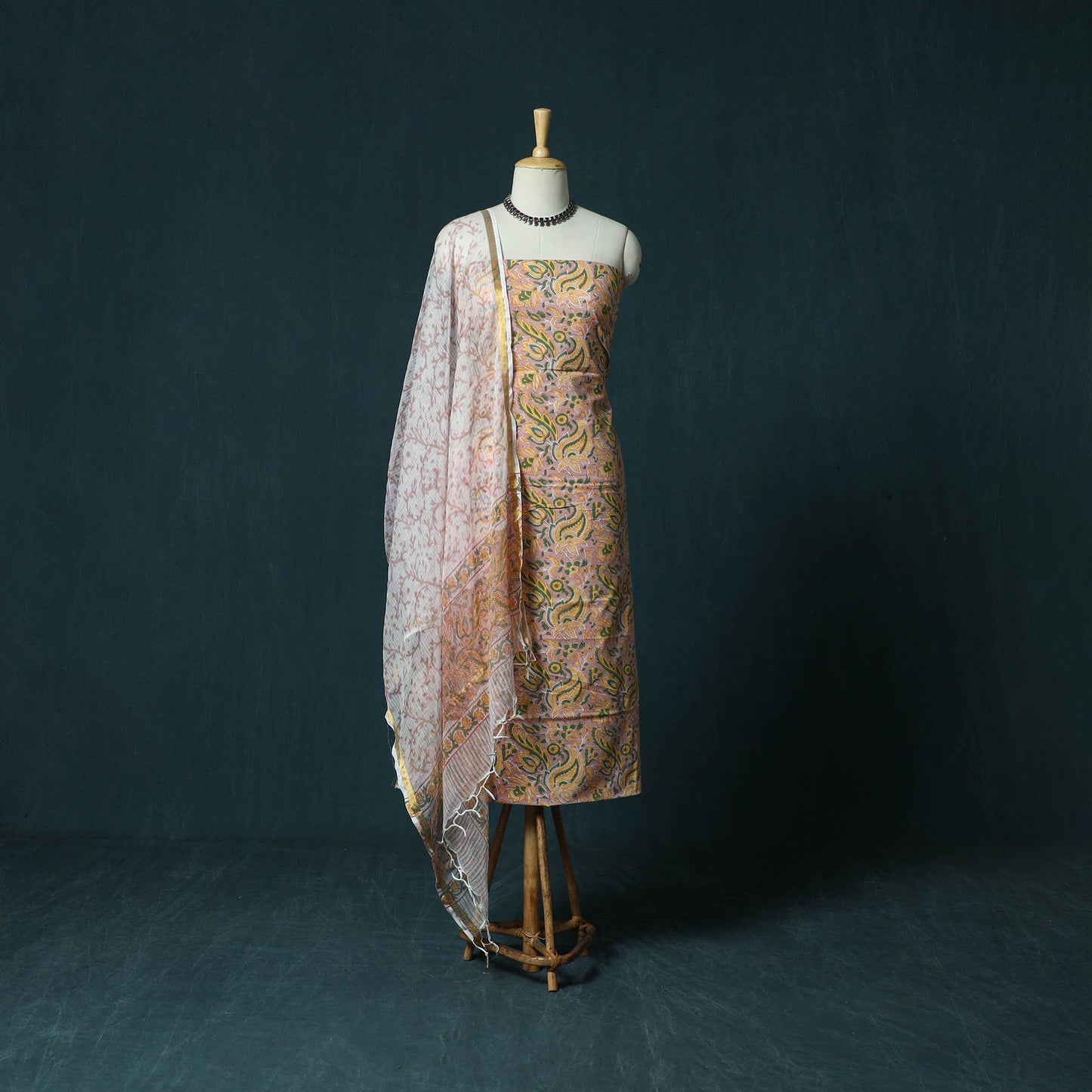 Hand block print sanganeri cotton 3pc unstitched dress