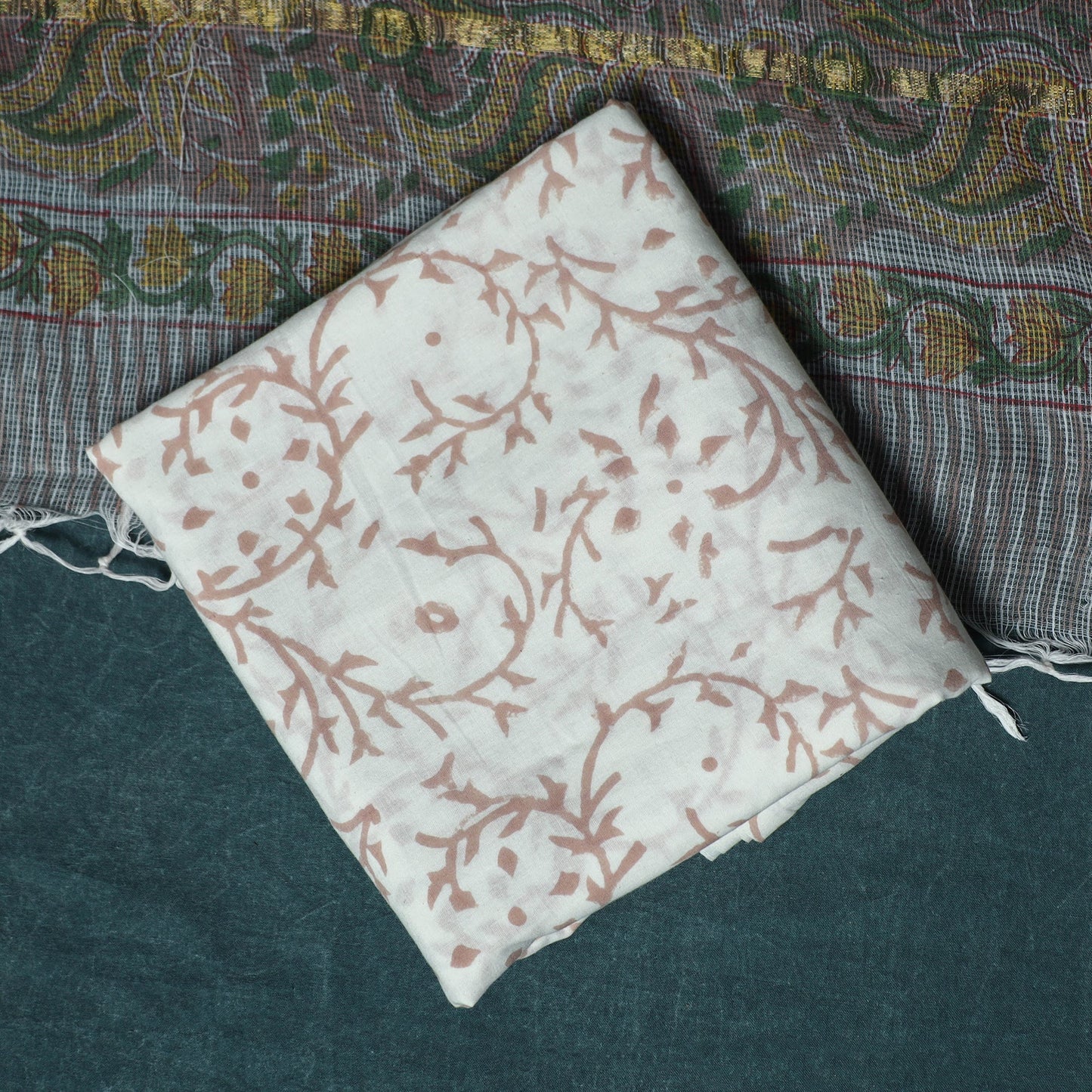 Hand block print sanganeri cotton 3pc unstitched dress