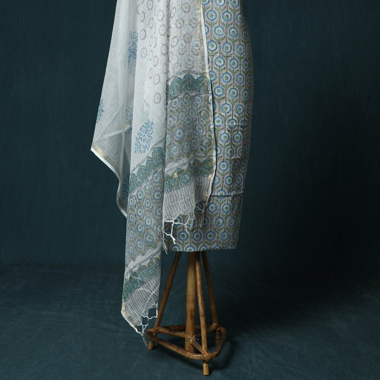 Hand block print sanganeri cotton 3pc unstitched dress