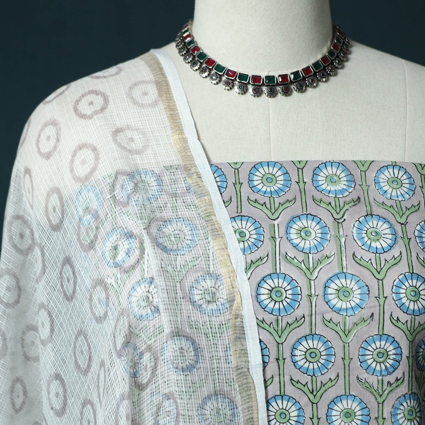 Hand block print sanganeri cotton 3pc unstitched dress