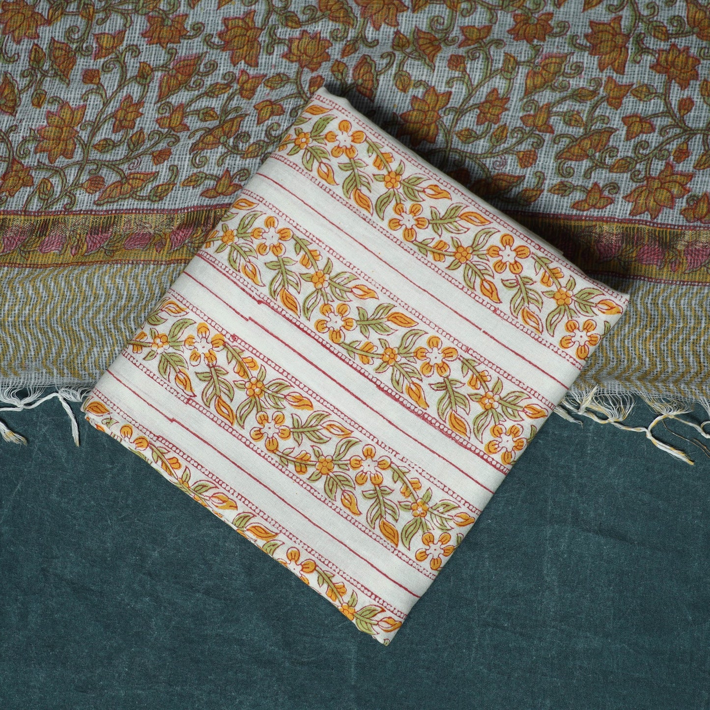 Hand block print sanganeri cotton 3pc unstitched dress