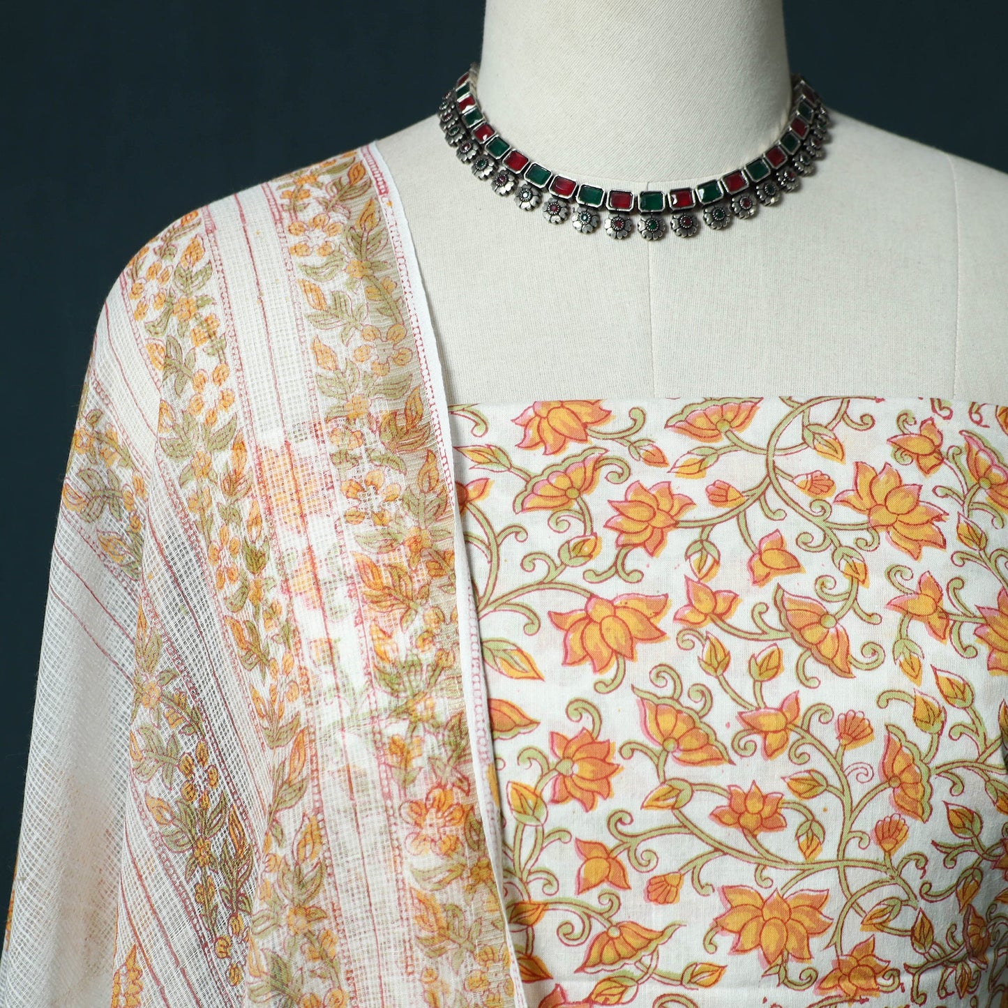 Hand block print sanganeri cotton 3pc unstitched dress