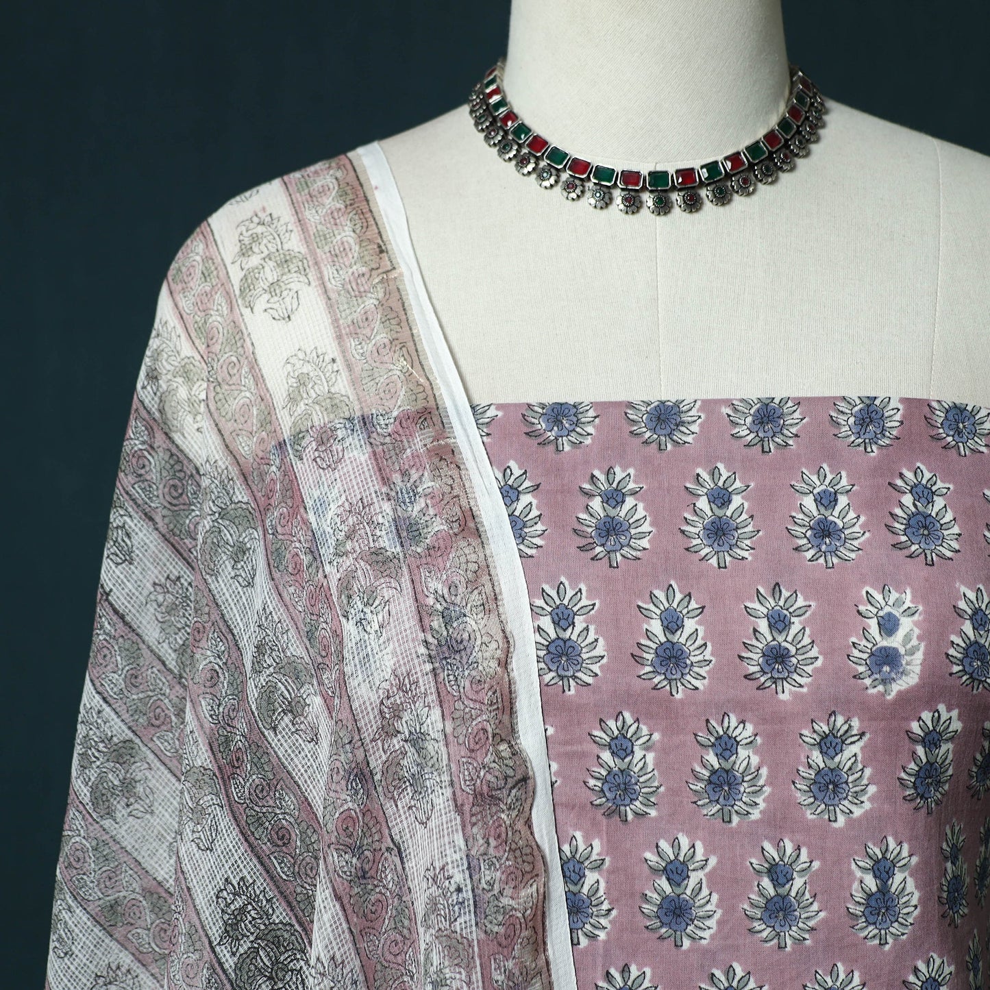 Hand block print sanganeri cotton 3pc unstitched dress