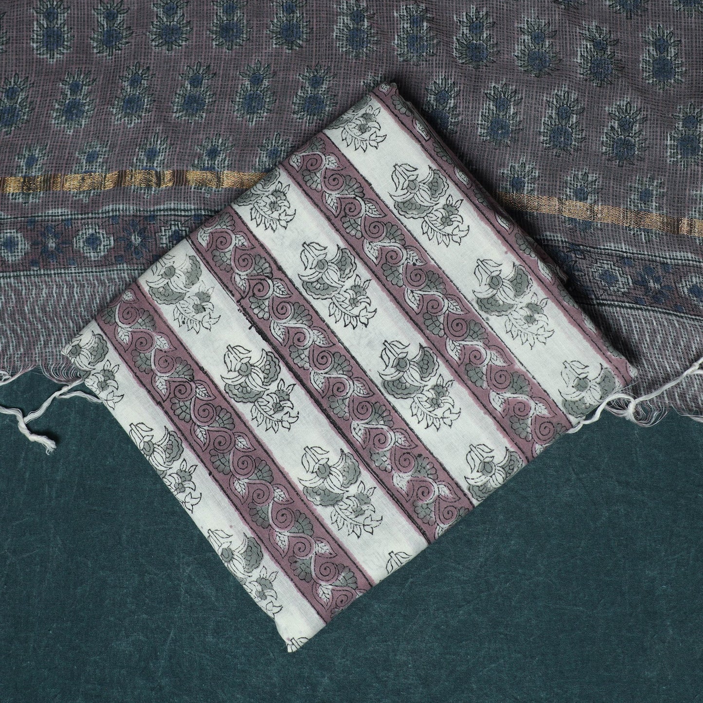 Hand block print sanganeri cotton 3pc unstitched dress