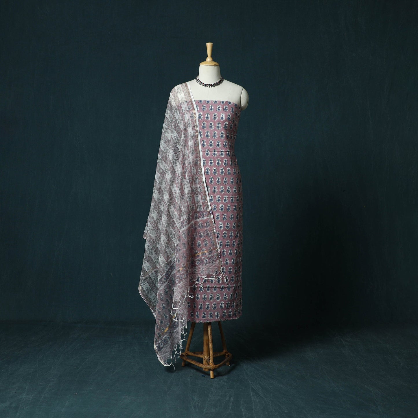 Hand block print sanganeri cotton 3pc unstitched dress