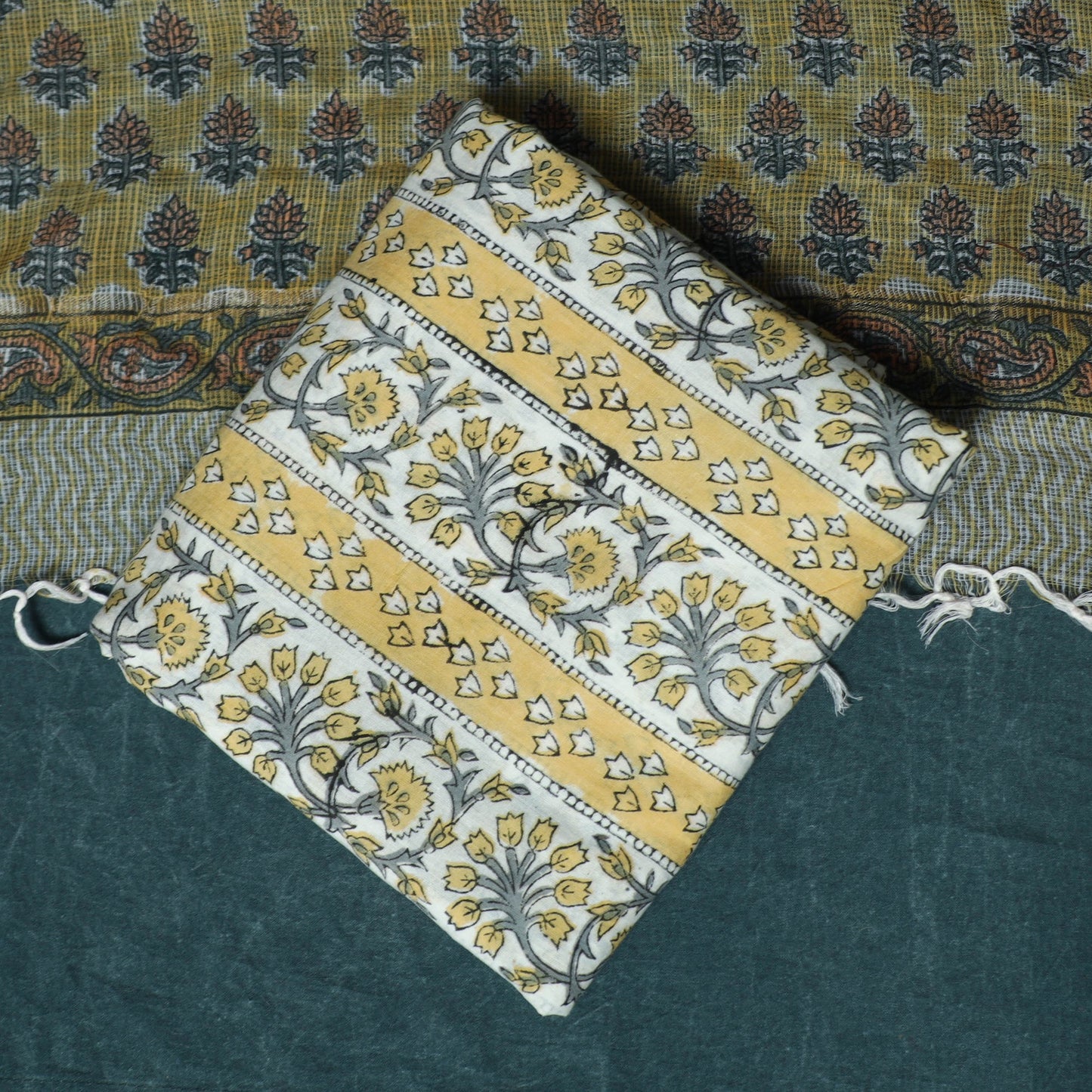 Hand block print sanganeri cotton 3pc unstitched dress