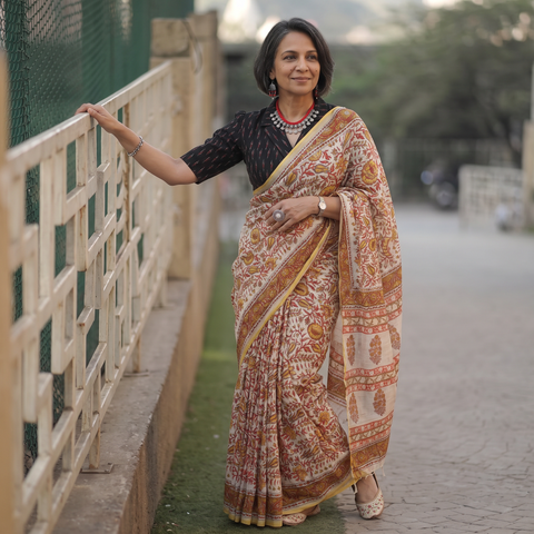 Multicolor hand block printed Chanderi silk Sanganeri saree, draped and worn by a woman, AI visual of the saree, iTokri