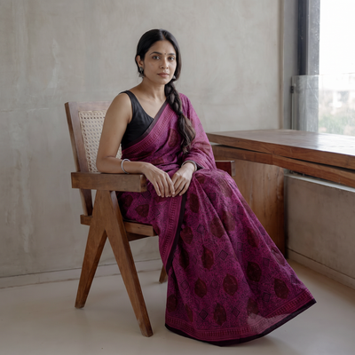 Pink Hand Block Printed Natural Dyed Cotton Bagh Saree, draped and worn by a woman, AI visual of the saree, iTokri