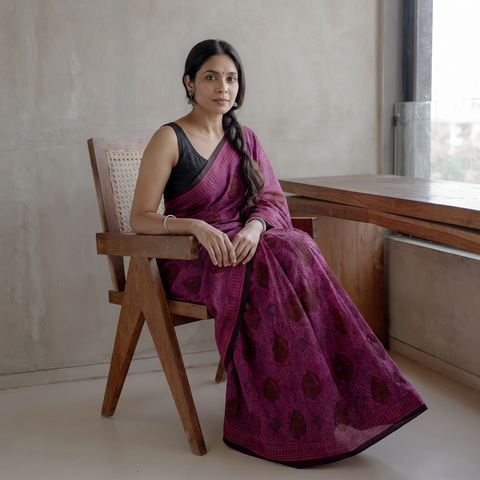 Pink Hand Block Printed Natural Dyed Cotton Bagh Saree, draped and worn by a woman, AI visual of the saree, iTokri