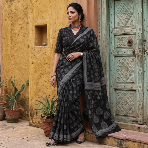 Black hand block printed pure mul cotton Sanganeri saree, draped and worn by a woman, by artisan Santosh Dhanopia, AI visual of the saree, iTokri