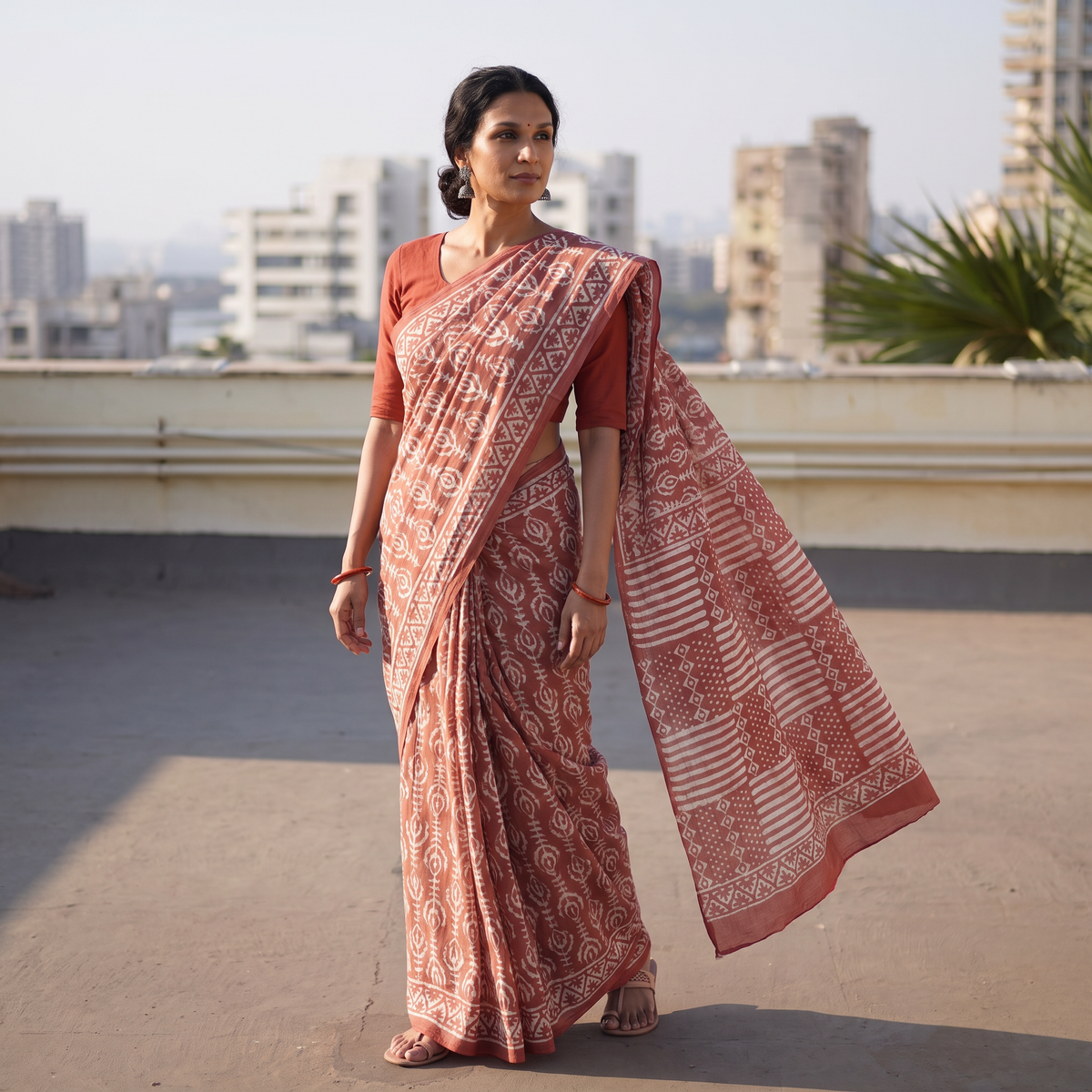 Red Hand Block Pure Mul Cotton Batik Print Saree, draped and worn by a woman, AI visual of the saree, iTokri