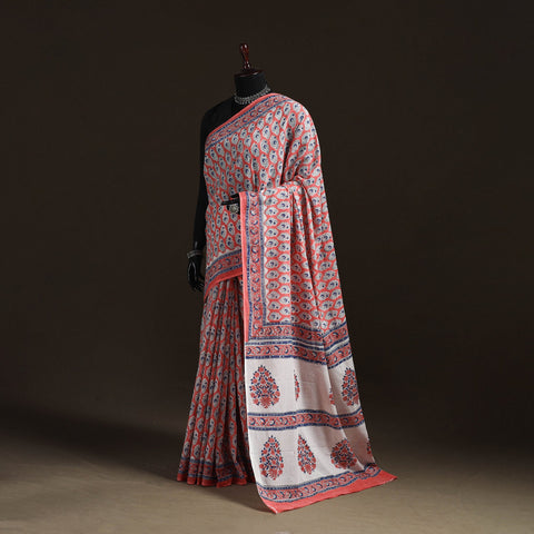 Hand block pure mul cotton sanganeri floral print saree 25