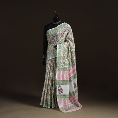 Hand block pure mul cotton sanganeri floral print saree 29