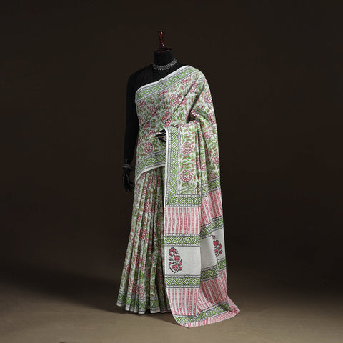 Hand block pure mul cotton sanganeri floral print saree 29