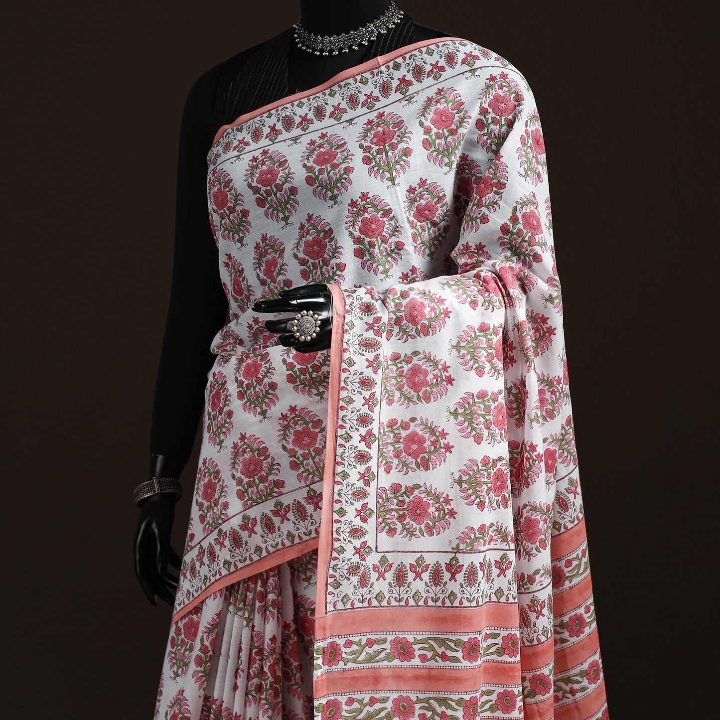 Hand block pure mul cotton sanganeri floral print saree 33