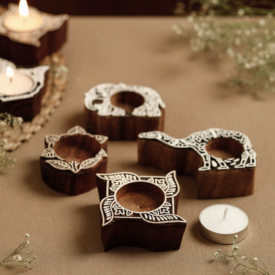  Hand Carved Sheesham Wood Block Tealight Candle Holder (Set of 4) Online at iTokri.com 