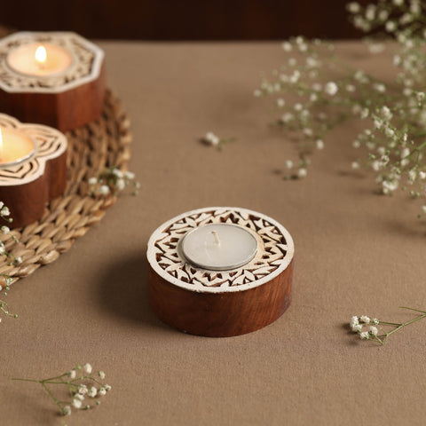Hand Carved Sheesham Wood Block Tealight Candle Holder Online at iTokri.com