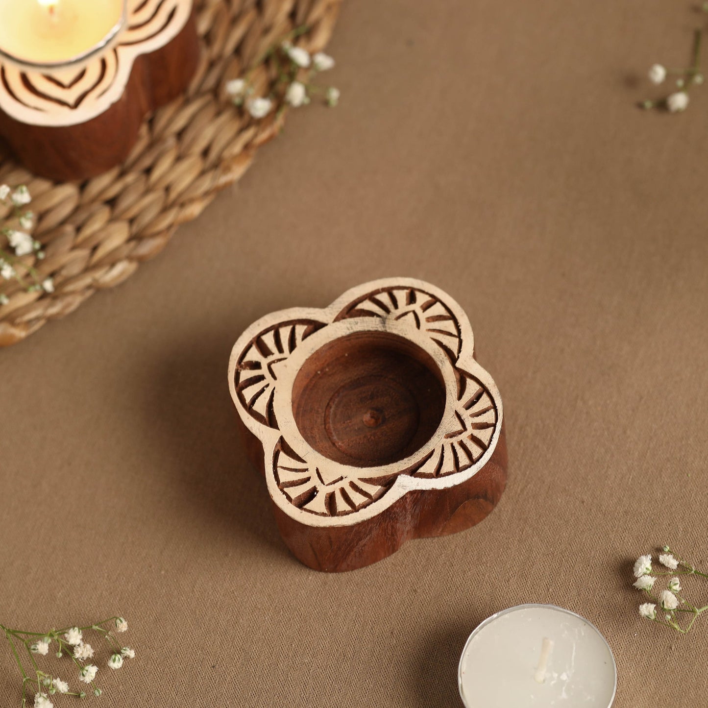  Hand Carved Sheesham Wood Block Tealight Candle Holder Online in India l iTokri.com 